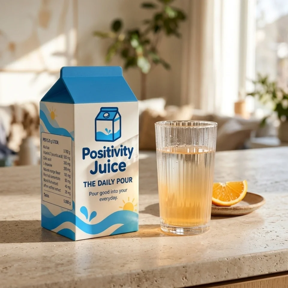 The Daily Pour concept carton beside a glass of orange drink mix