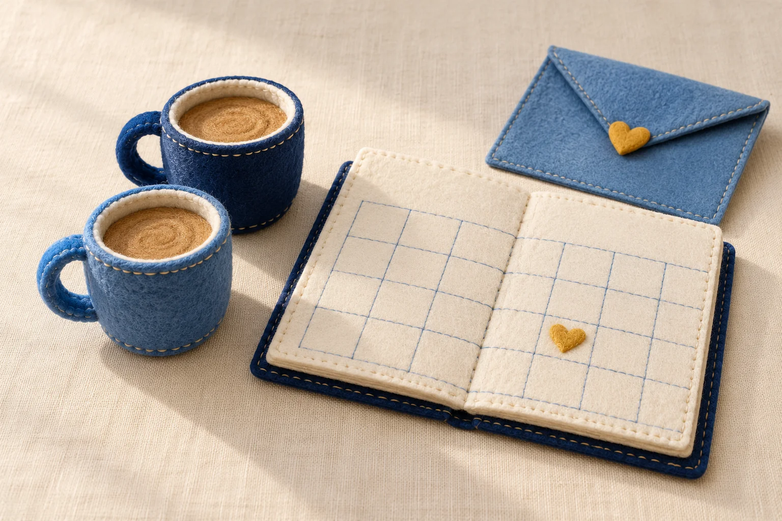 Quilted blue mugs and calendar with a golden heart