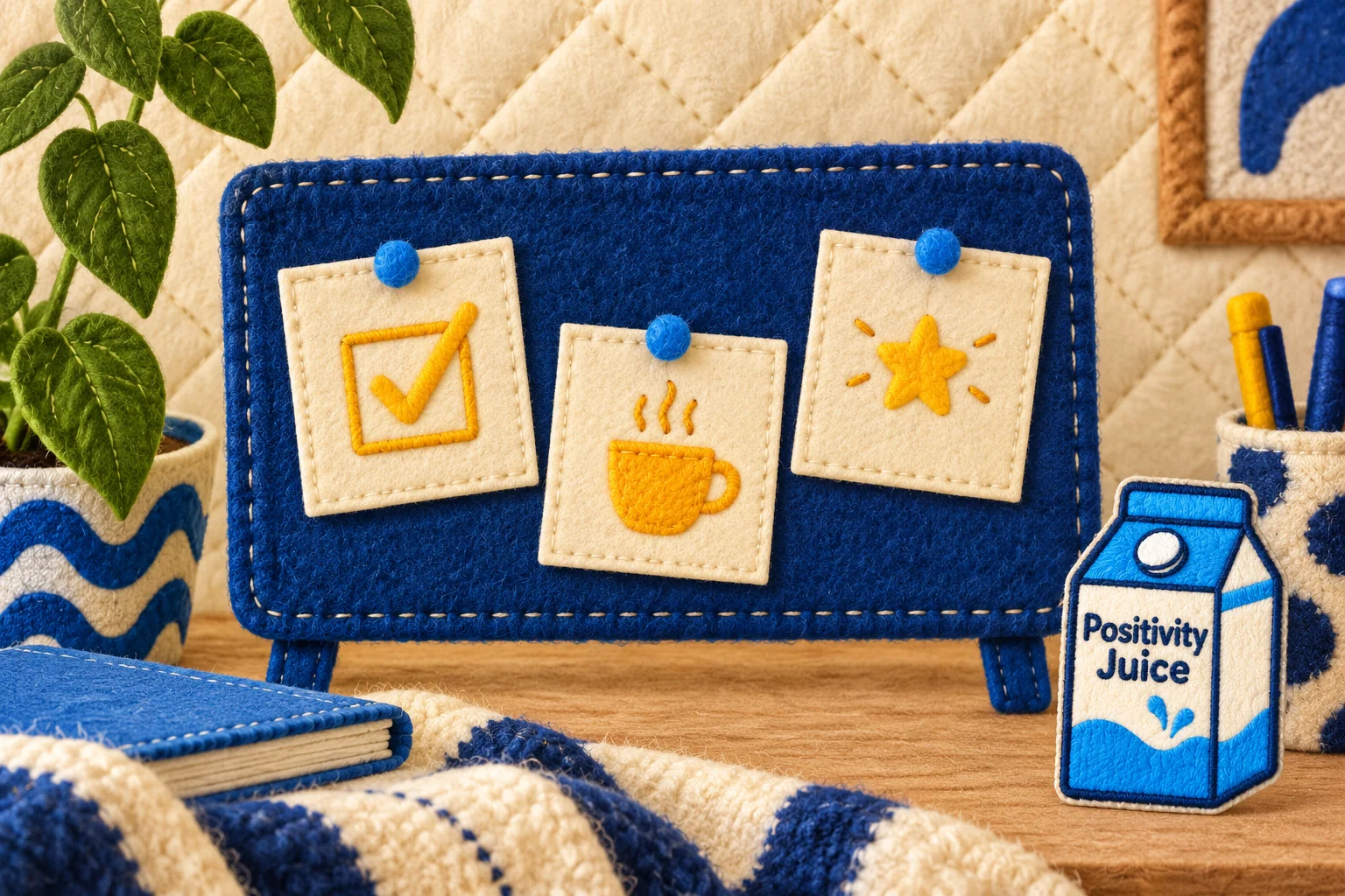 Blue felt board holding small symbols of everyday wins, with Positivity Juice carton patch.
