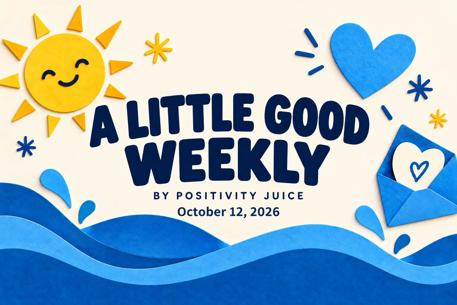 A Little Good Weekly, October 12, 2026. Cream velvet, smiling sun and blue waves.