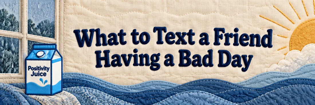 What to Text a Friend Having a Bad Day. Original quilted Positivity Juice scene with sewn navy lettering and the branded carton.