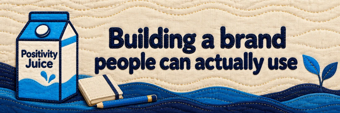 Building a brand people can actually use. Original quilted Positivity Juice scene with sewn navy lettering and the branded carton.