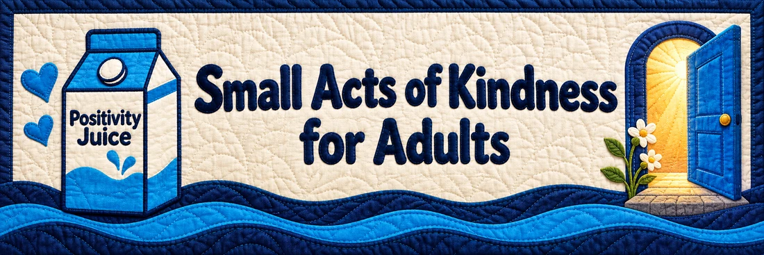 Small Acts of Kindness for Adults. Original quilted Positivity Juice scene with sewn navy lettering and the branded carton.