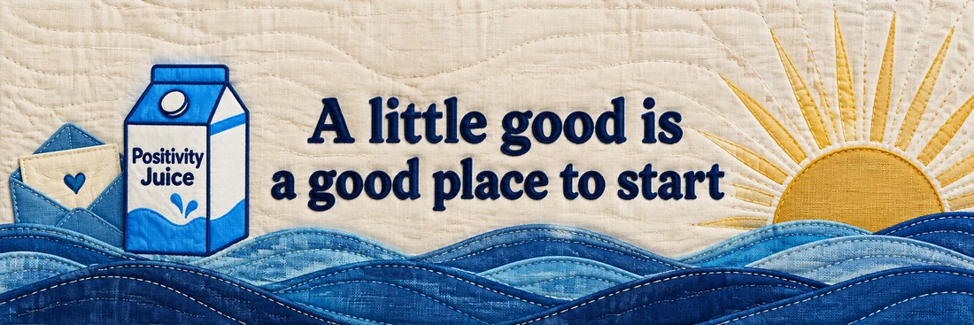 A little good is a good place to start. Original quilted Positivity Juice scene with sewn navy lettering and the branded carton.