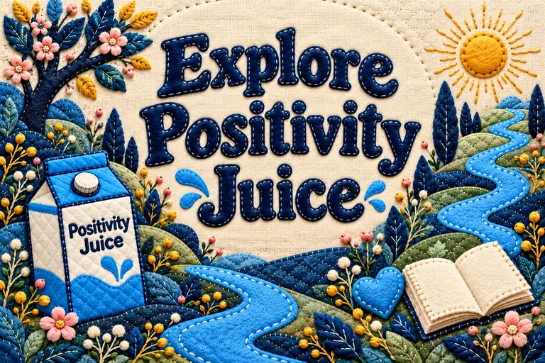 Explore Positivity Juice, sewn in navy velvet into a cream quilt with a blue path, flowers and the PJ carton.