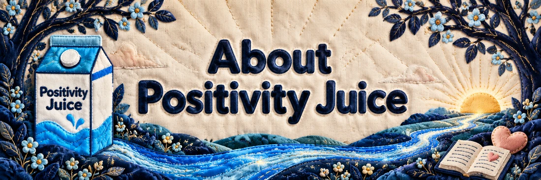 About Positivity Juice. Original quilted Positivity Juice scene with sewn navy lettering and the branded carton.