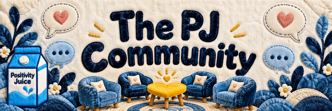 The PJ Community. Original quilted Positivity Juice scene with sewn navy lettering and the branded carton.