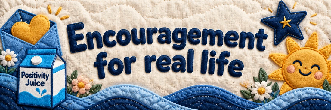 Encouragement for real life. Original quilted Positivity Juice scene with sewn navy lettering and the branded carton.