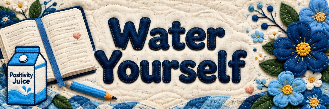 Water Yourself. Original quilted Positivity Juice scene with sewn navy lettering and the branded carton.