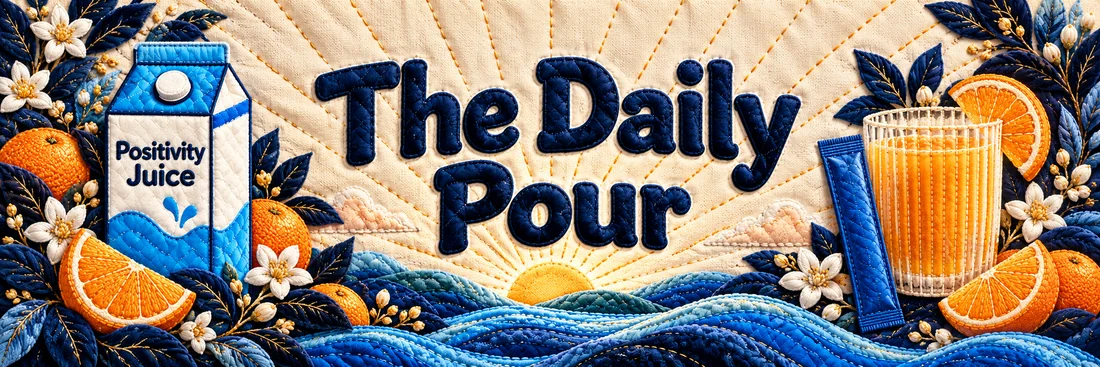 The Daily Pour. Original quilted Positivity Juice scene with sewn navy lettering and the branded carton.