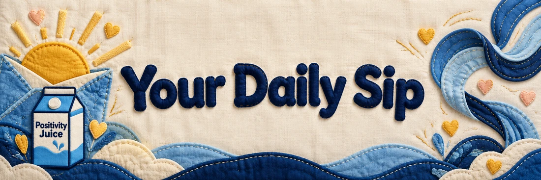 Your Daily Sip. Original quilted Positivity Juice scene with sewn navy lettering and the branded carton.