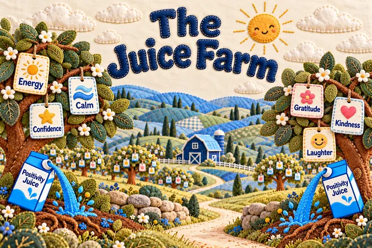 A quilted orchard of encouragement cards watered by Positivity Juice cartons.