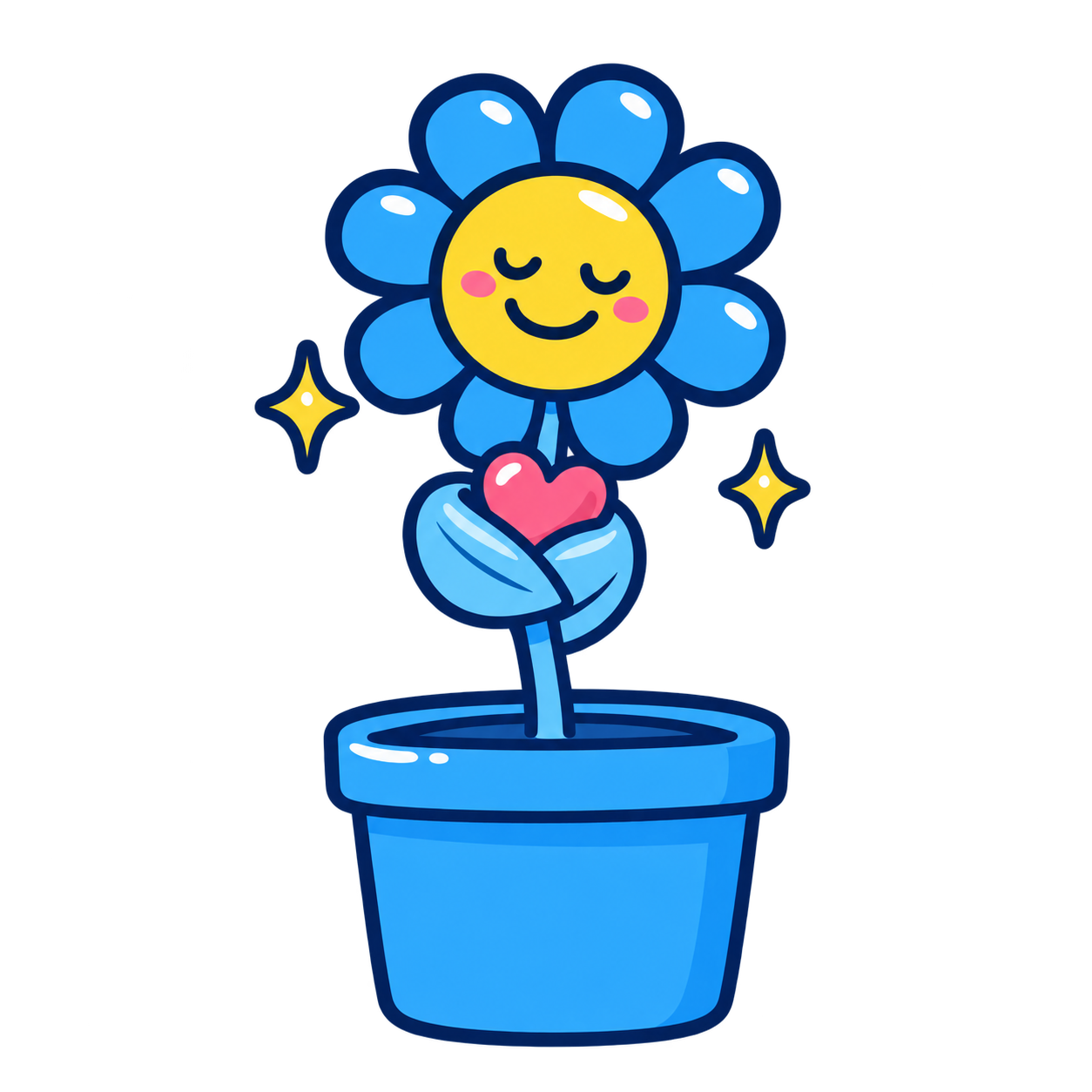 A cheerful blue flower hugging a pink heart